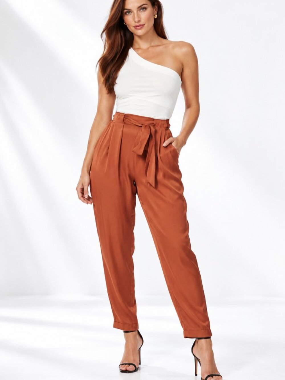 LBLC the Label Cathy Satin Belted Pants Terracotta Size M NWT